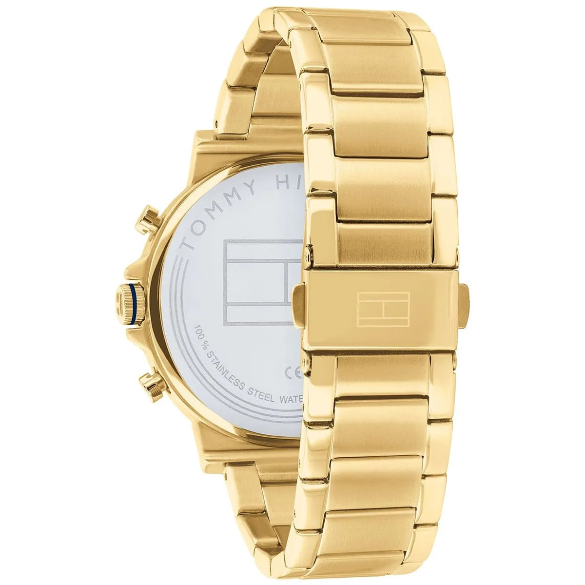 Rear view of the Tommy Hilfiger 1710415 highlighting the gold-tone deployment clasp and the silver-tone case back with logo engraving.