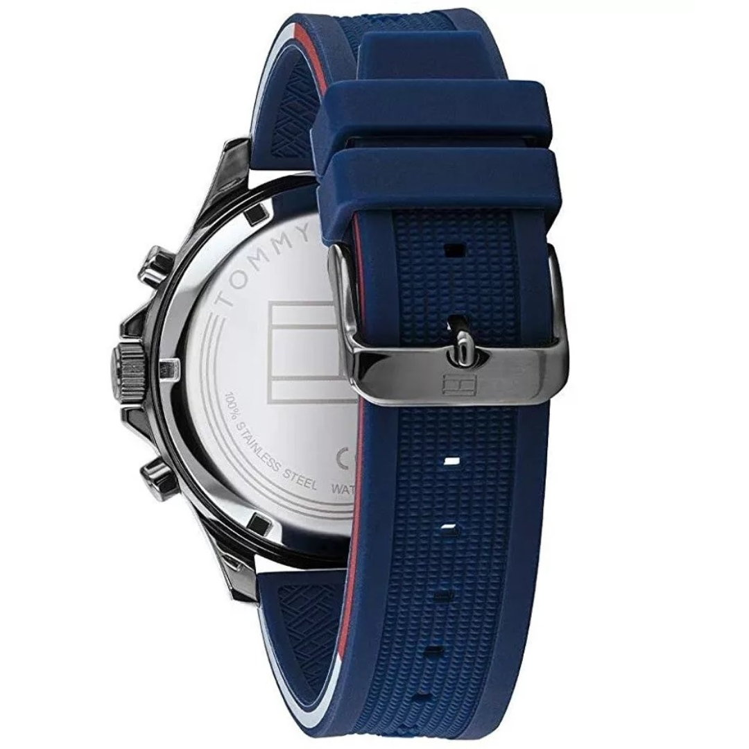 Back view of Tommy Hilfiger men’s watch 1791721 with silver back of the dial and silicone strap