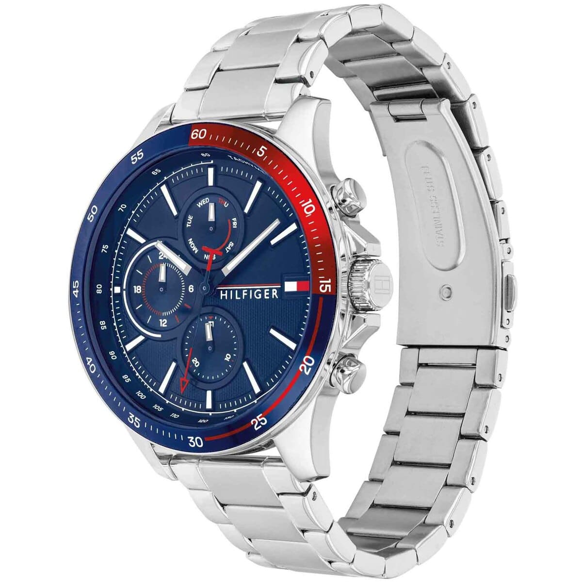 Stainless steel Tommy Hilfiger men’s watch 1791718 featuring blue dial