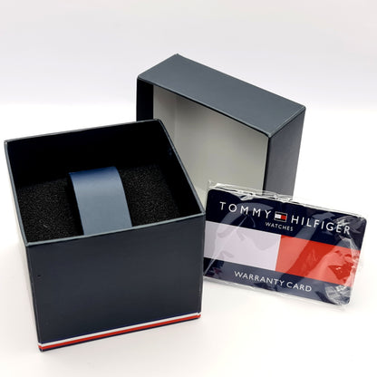 Official Tommy Hilfiger watch box with card and documents inside.