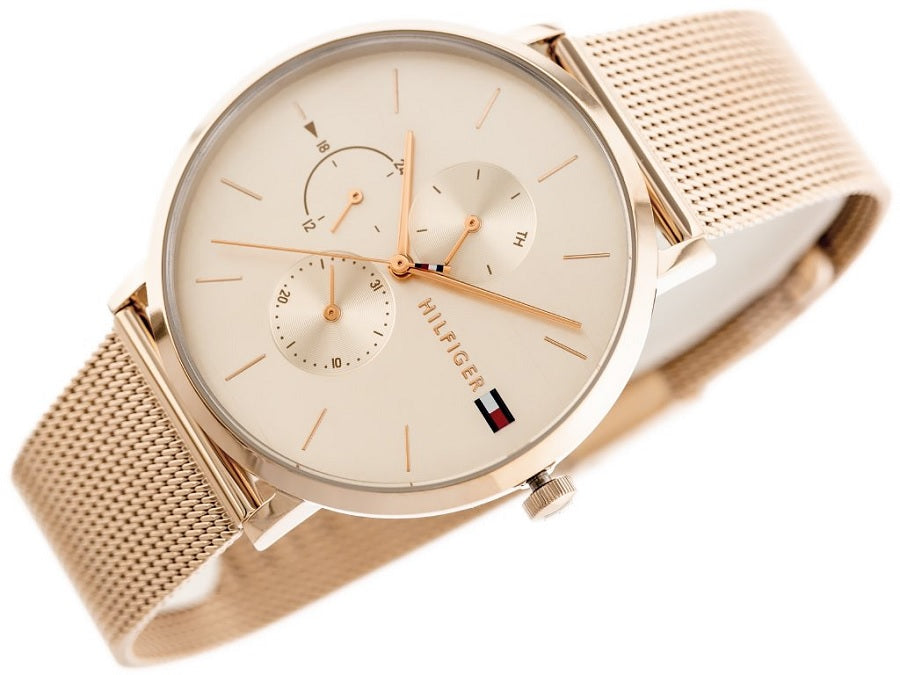 Close-up of rose gold dial on Tommy Hilfiger women’s watch 1781944