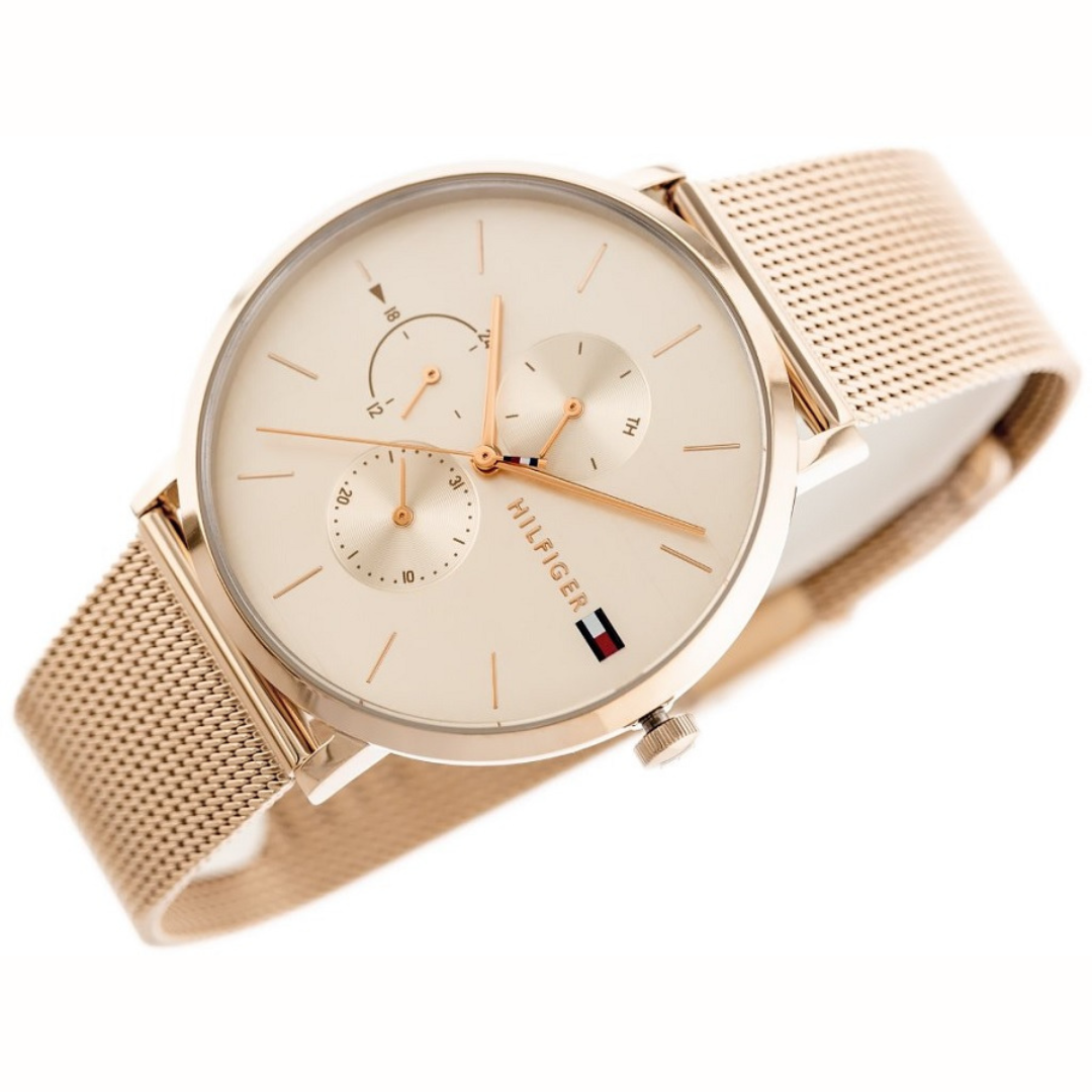 Close-up of rose gold dial on Tommy Hilfiger women’s watch 1781944